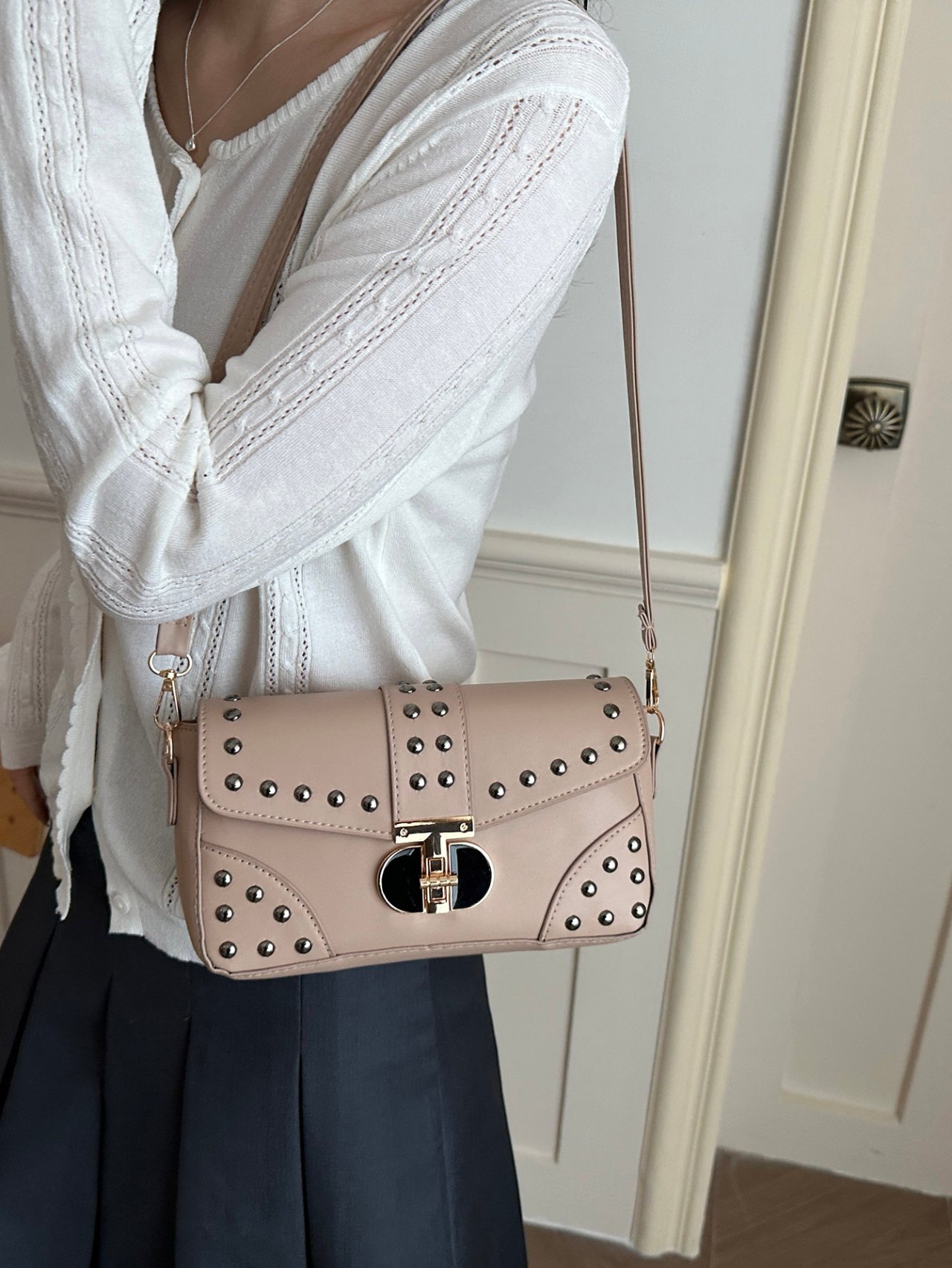 Beige Studded Shoulder Bag