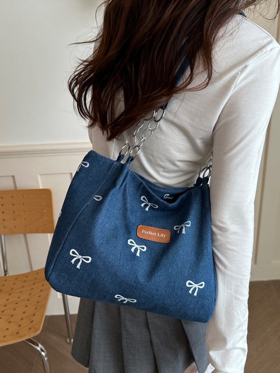Dark Blue Denim Bow Print Shoulder Bag with Chain Detail