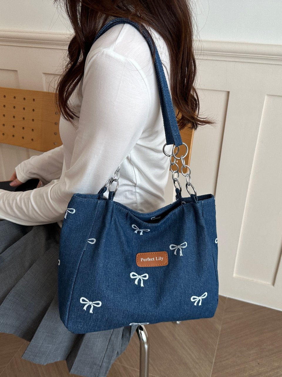 Dark Blue Denim Bow Print Shoulder Bag with Chain Detail