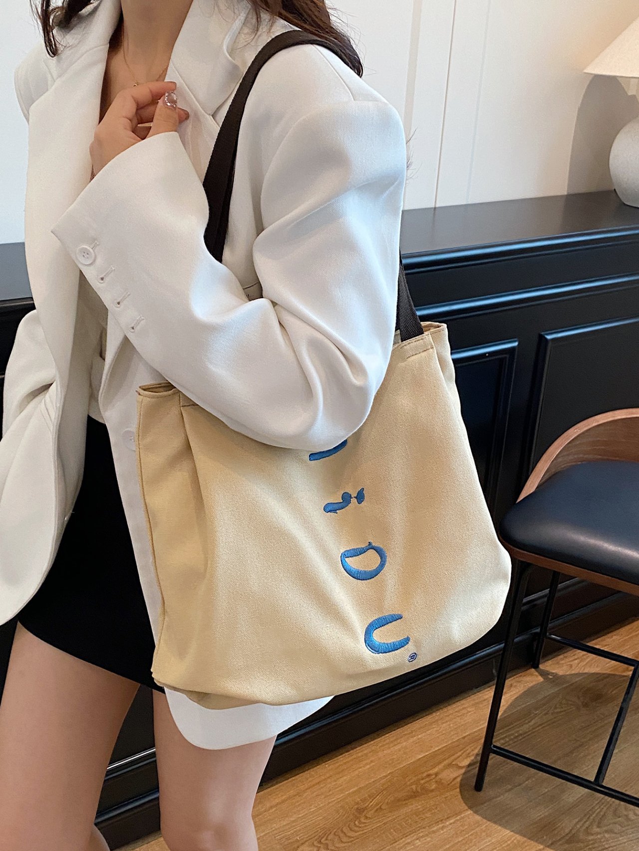 Beige Embroidery Detail Tote Bag