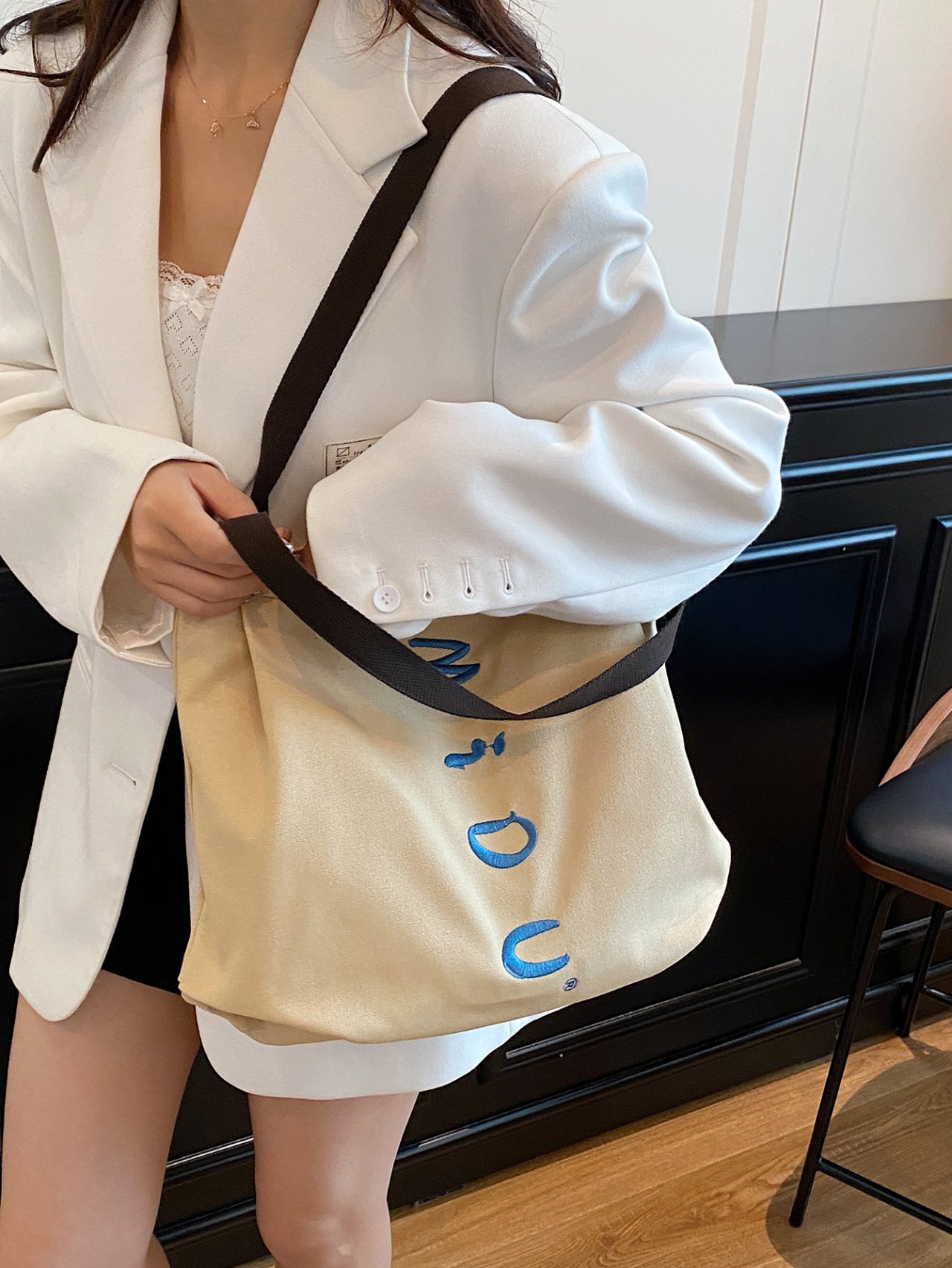 Beige Embroidery Detail Tote Bag