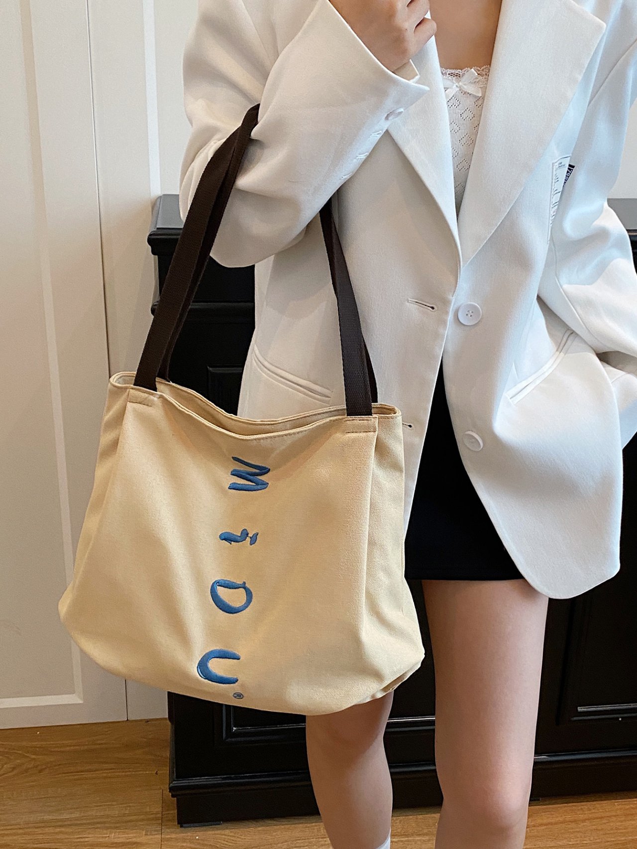 Beige Embroidery Detail Tote Bag