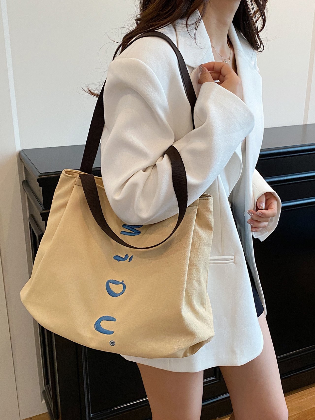 Beige Embroidery Detail Tote Bag