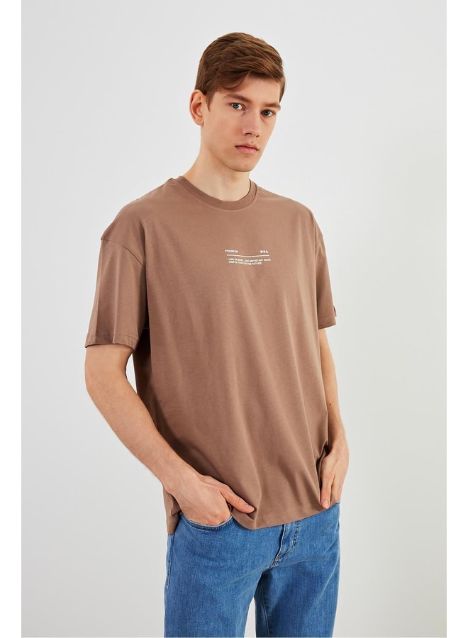 Leo Mens Oversize T-Shirt 100% Cotton Crew Neck with Print Detail Basic Taupe T-Shirt