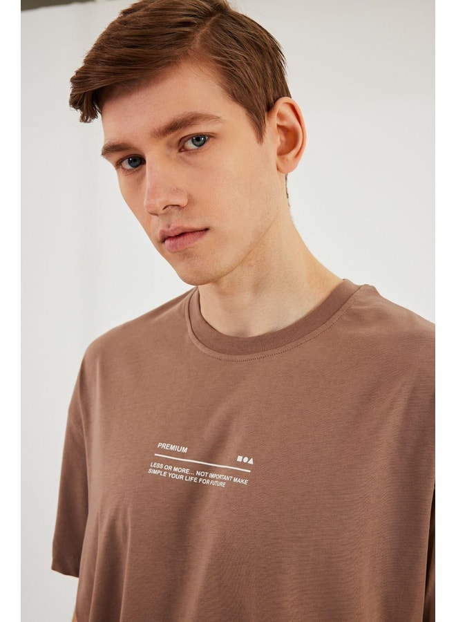 Leo Mens Oversize T-Shirt 100% Cotton Crew Neck with Print Detail Basic Taupe T-Shirt