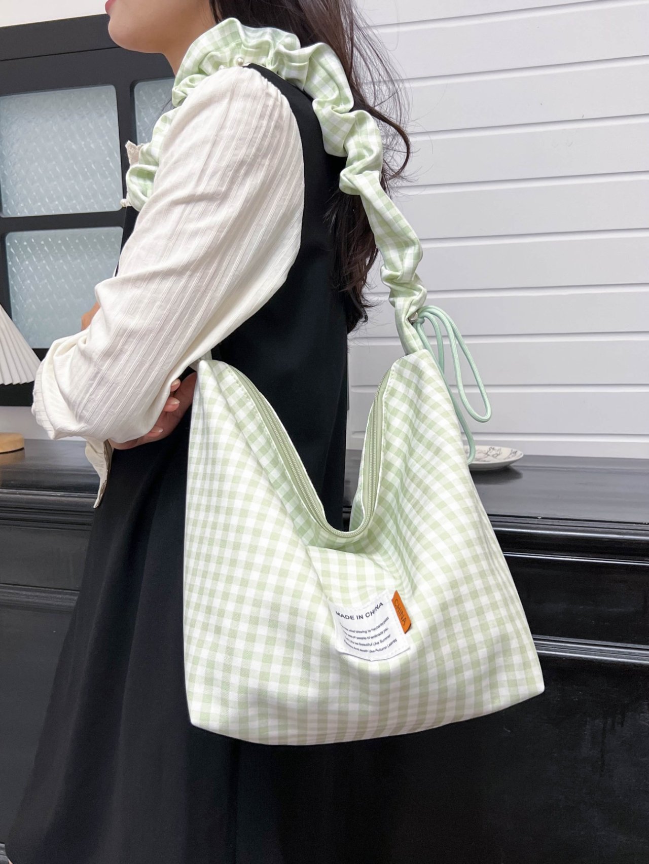 Green Gingham Shoulder Bag