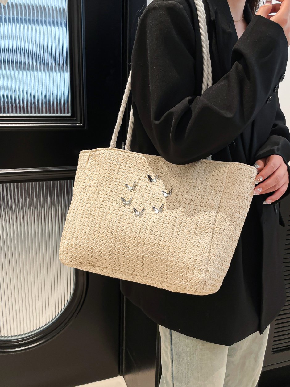Beige Butterfly Embellished Tote Bag