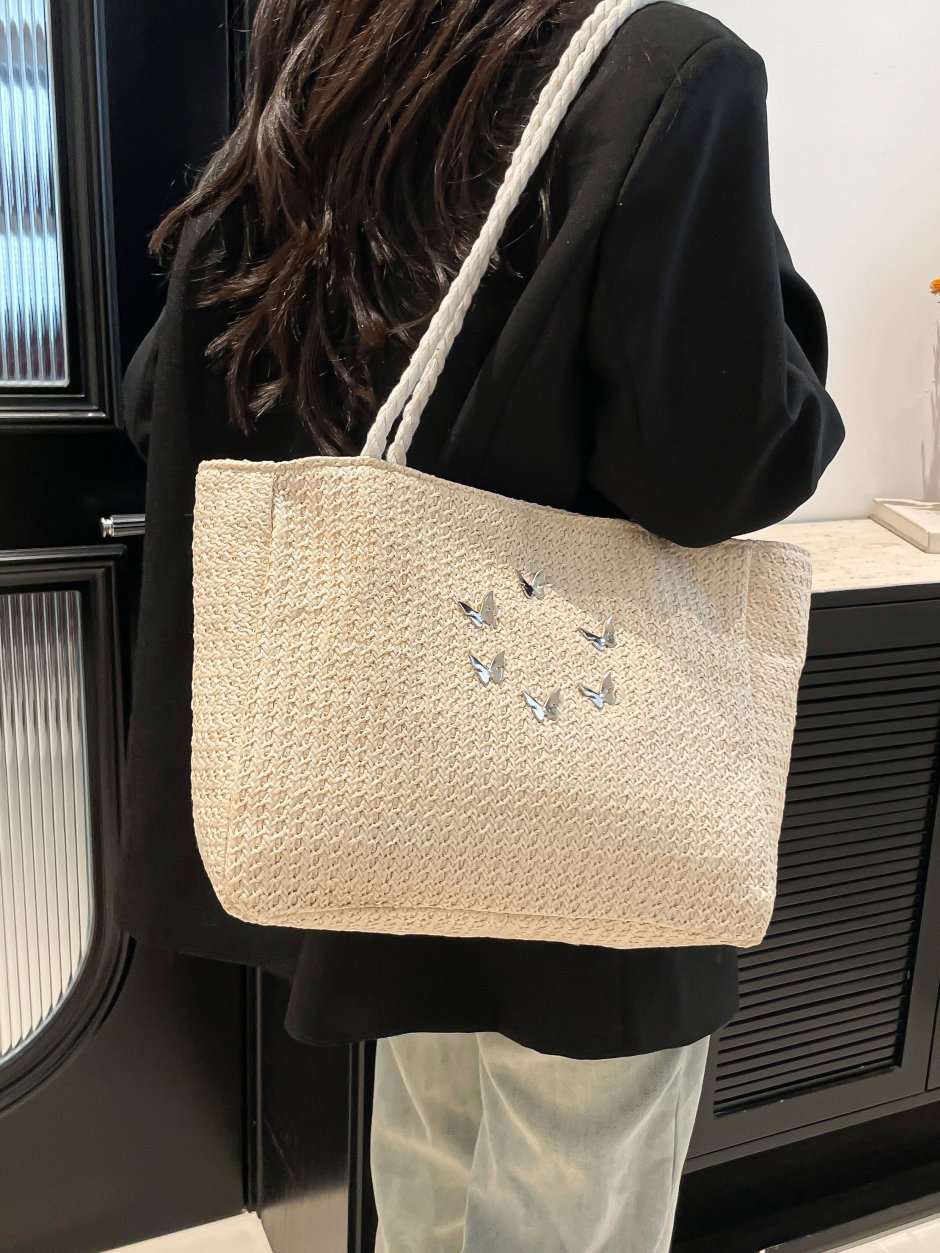 Beige Butterfly Embellished Tote Bag