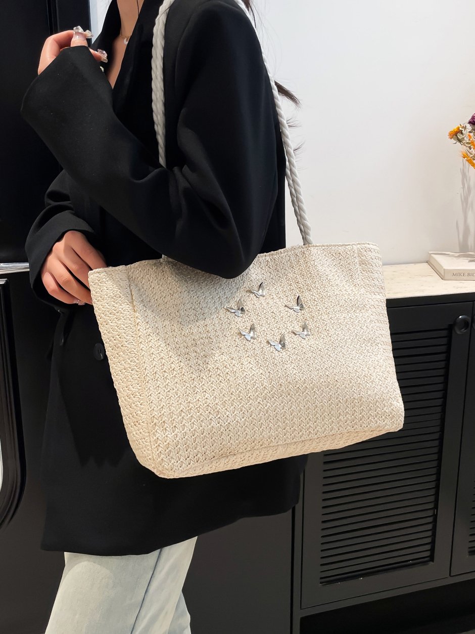 Beige Butterfly Embellished Tote Bag