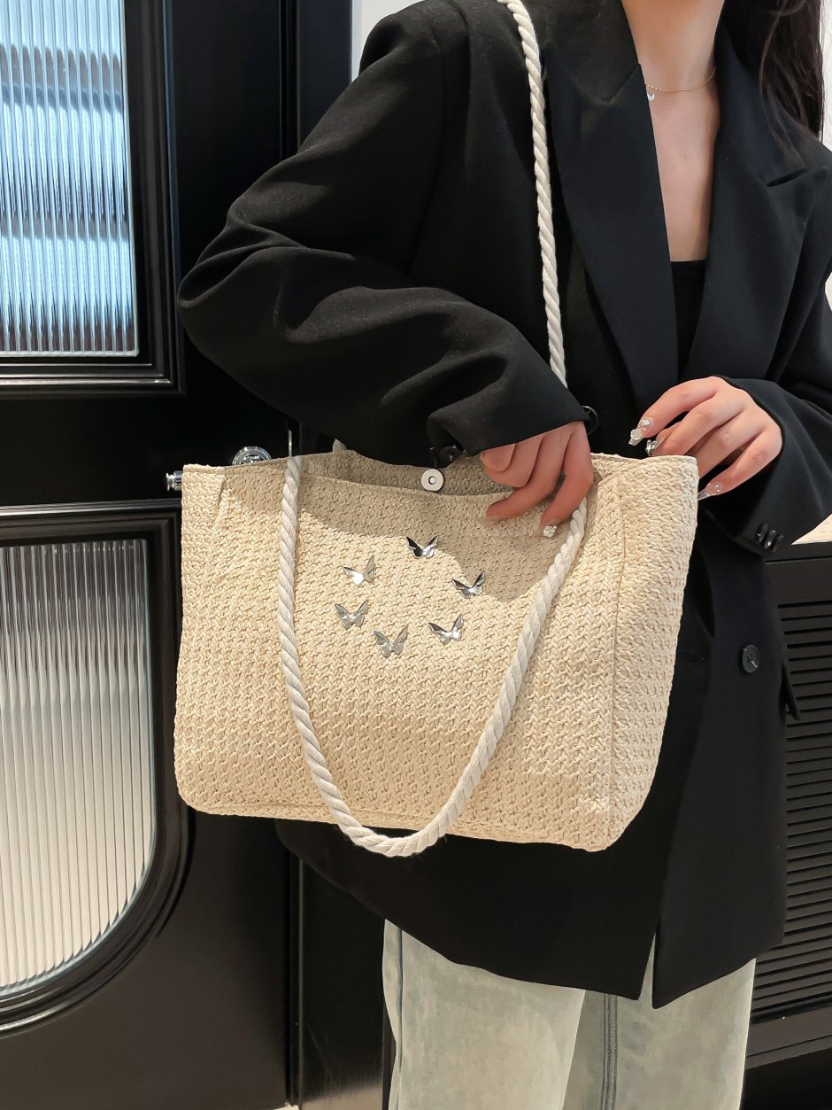 Beige Butterfly Embellished Tote Bag