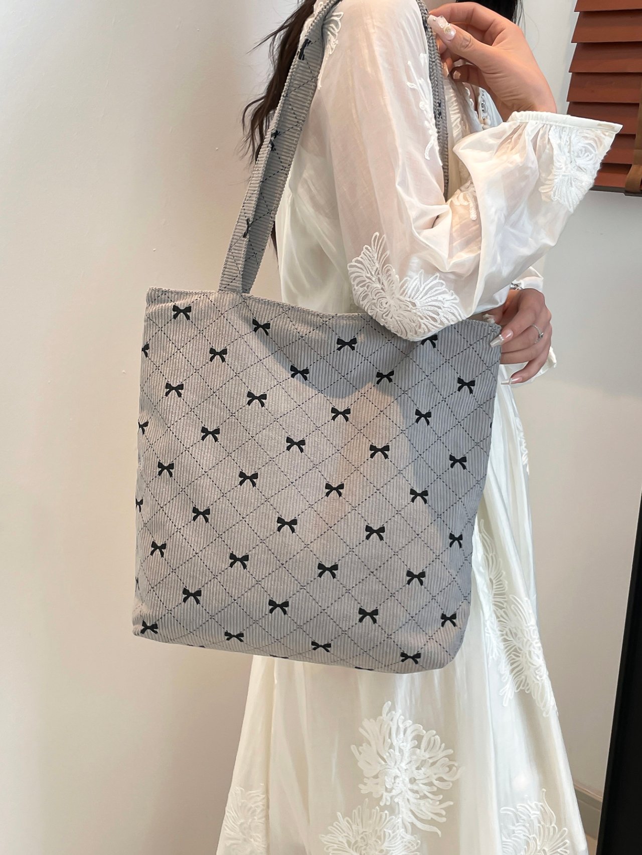 Grey Bow Print Corduroy Tote Bag