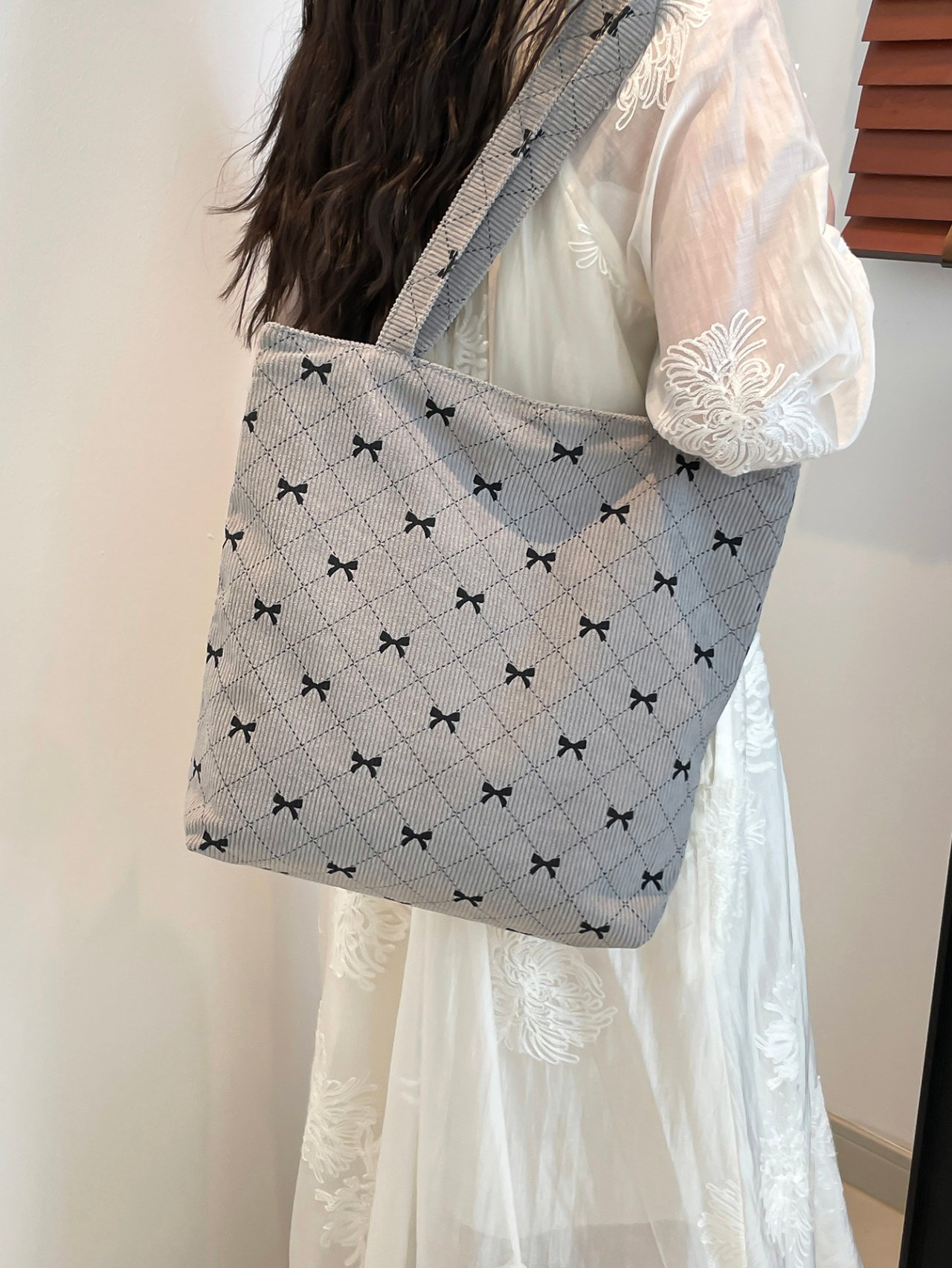 Grey Bow Print Corduroy Tote Bag