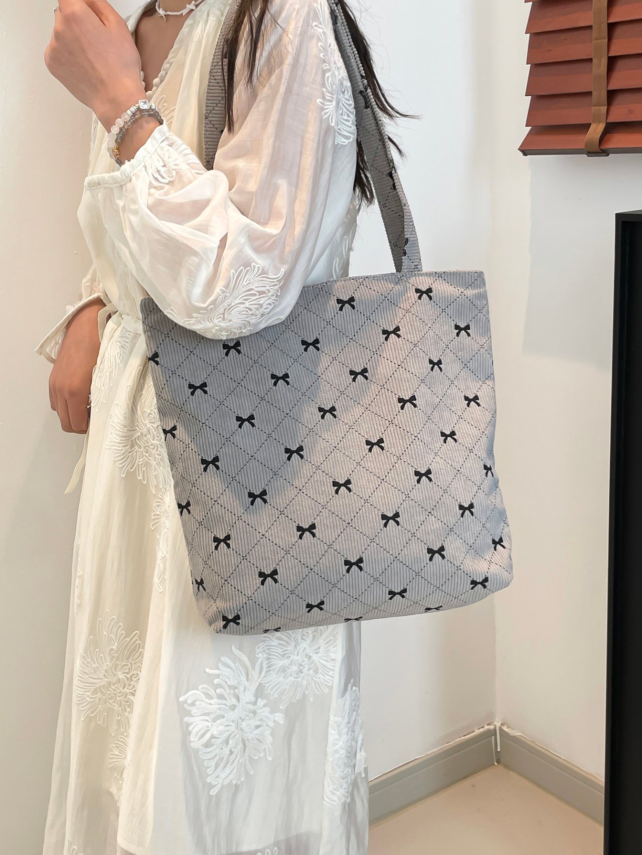 Grey Bow Print Corduroy Tote Bag
