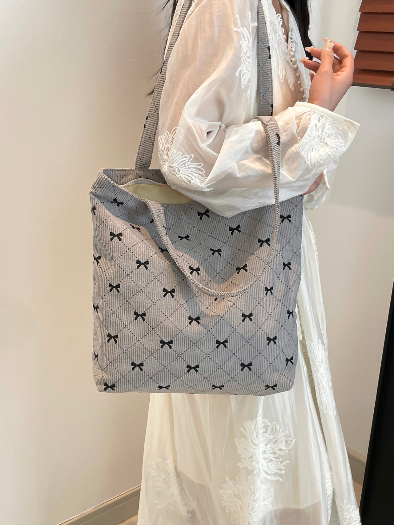 Grey Bow Print Corduroy Tote Bag