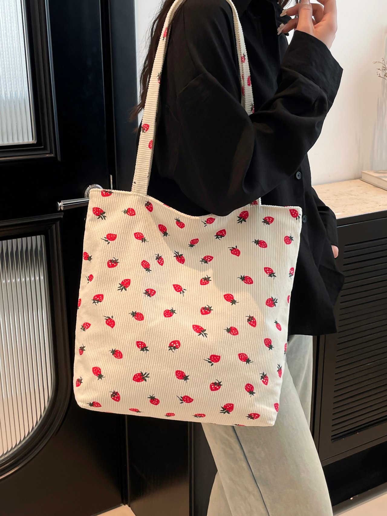 White Strawberry Print Corduroy Tote Bag