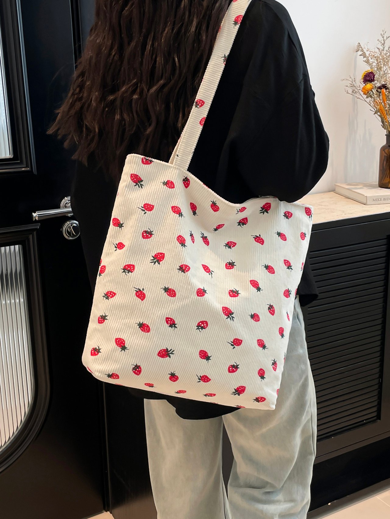 White Strawberry Print Corduroy Tote Bag