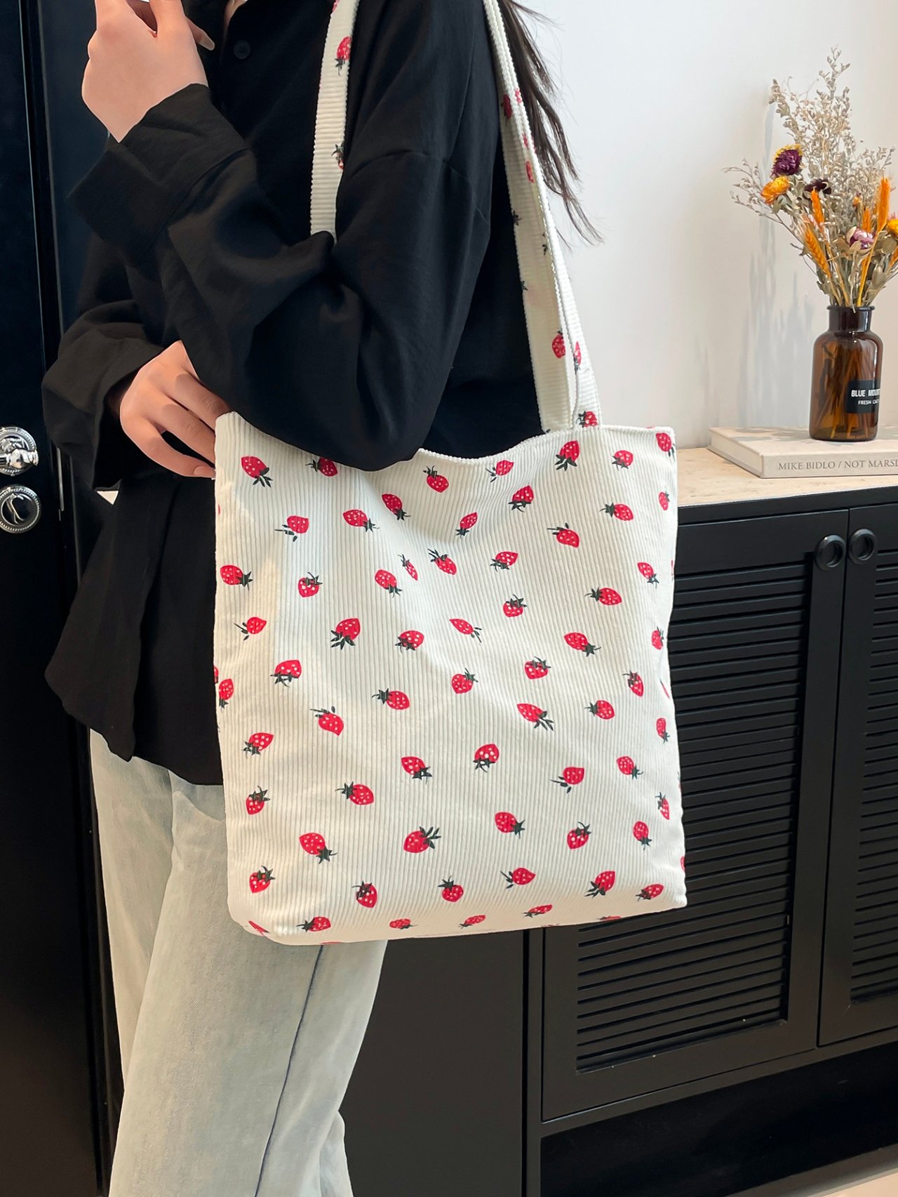 White Strawberry Print Corduroy Tote Bag