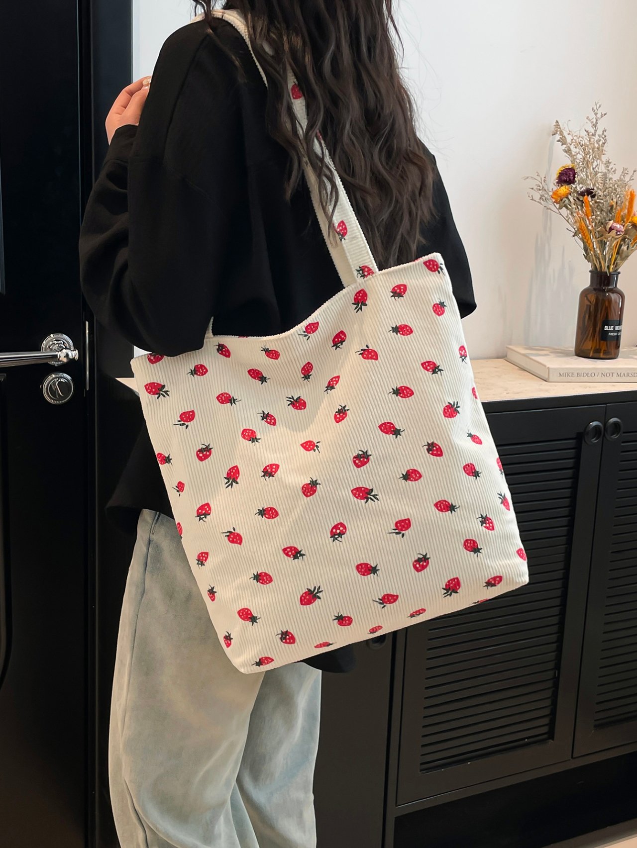 White Strawberry Print Corduroy Tote Bag