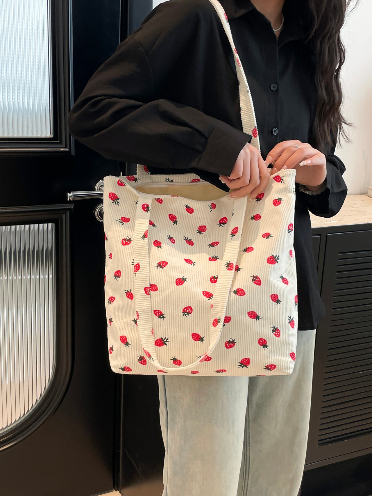 White Strawberry Print Corduroy Tote Bag