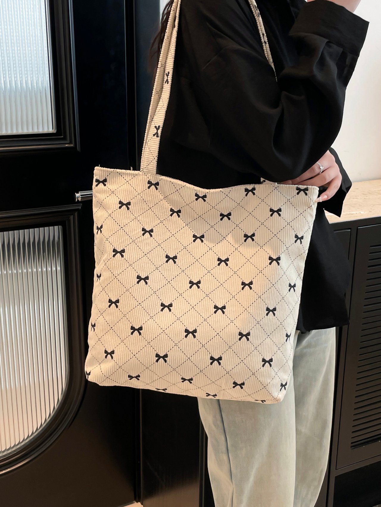 Beige Bow Pattern Corduroy Tote Bag