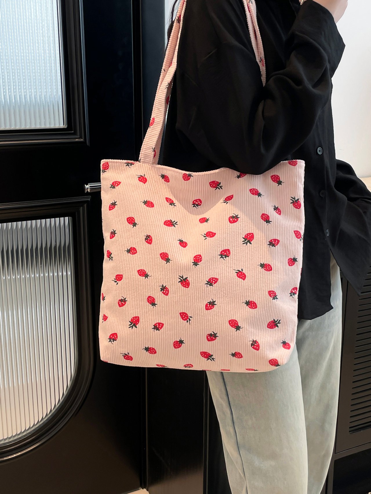 Pink Strawberry Corduroy Tote Bag