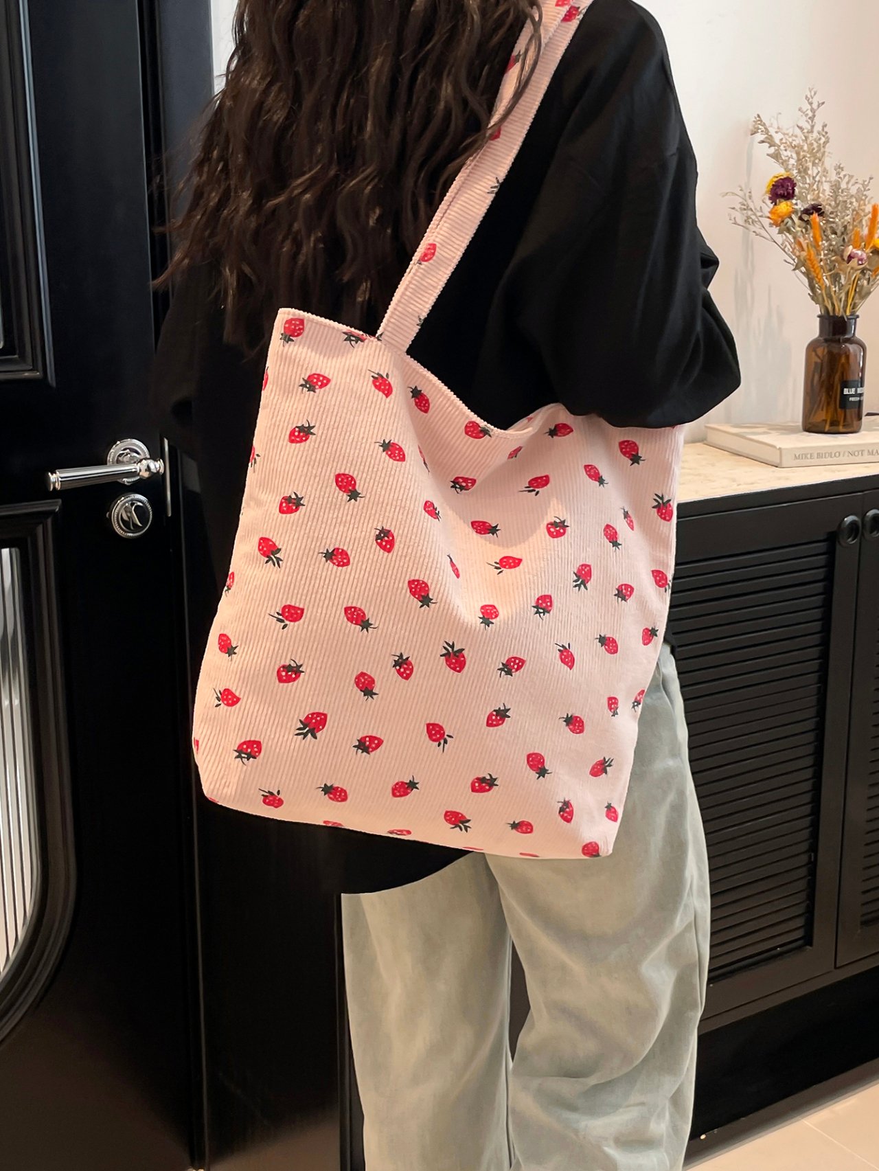 Pink Strawberry Corduroy Tote Bag