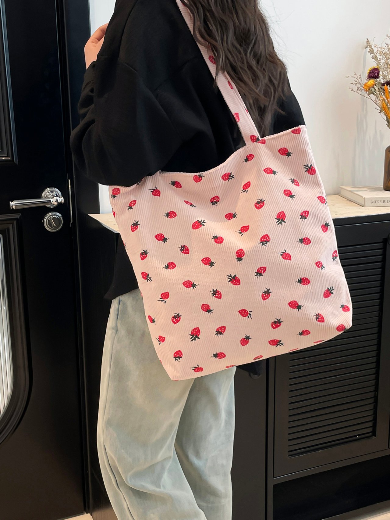 Pink Strawberry Corduroy Tote Bag