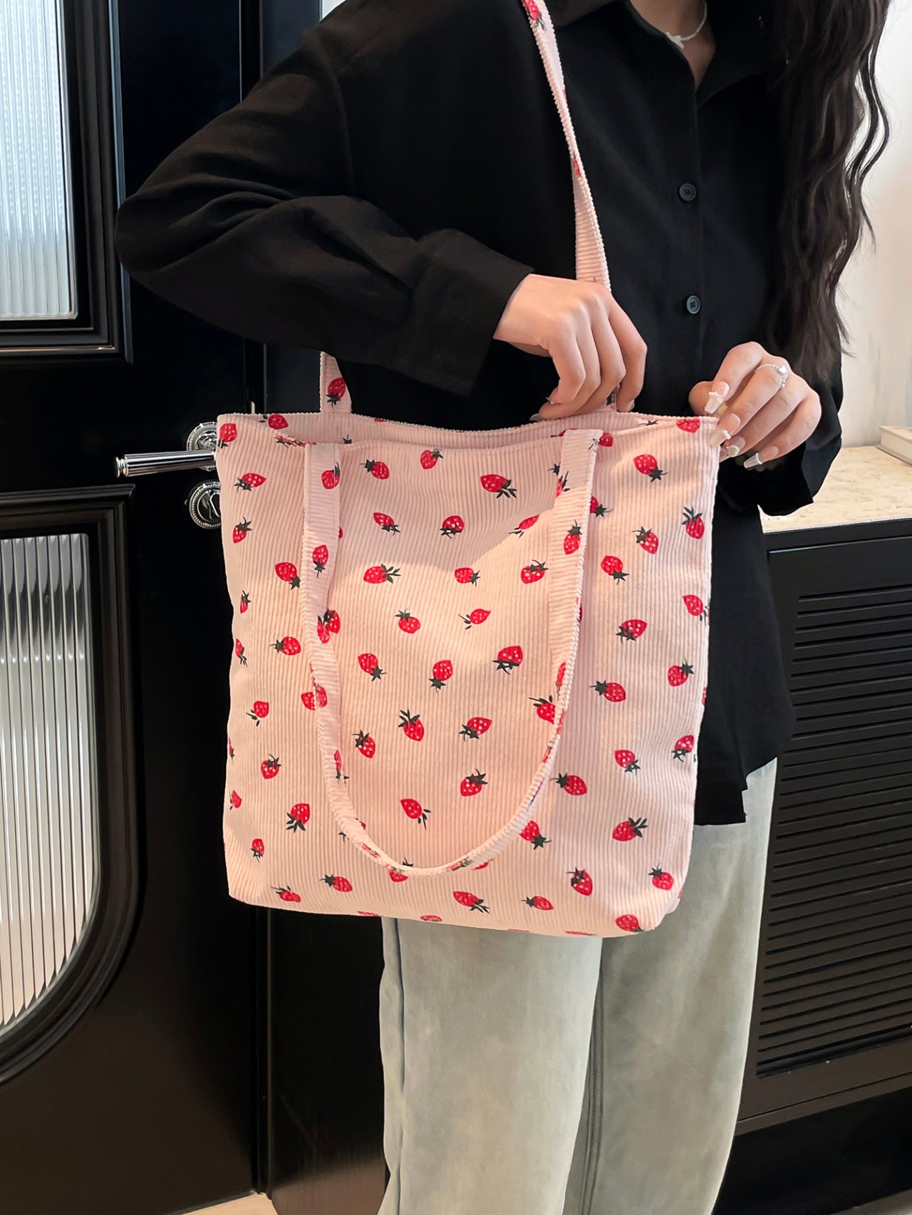 Pink Strawberry Corduroy Tote Bag