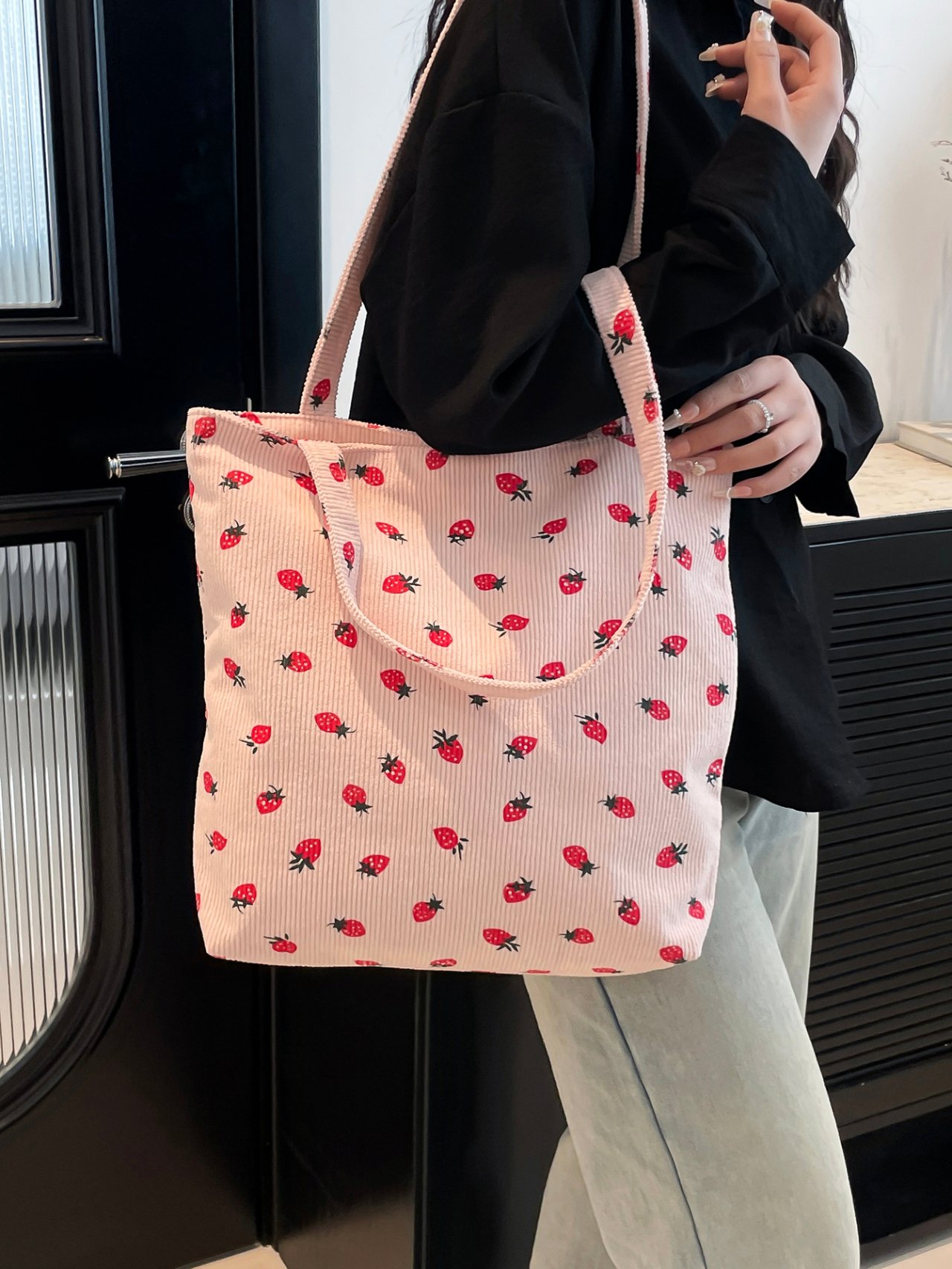 Pink Strawberry Corduroy Tote Bag