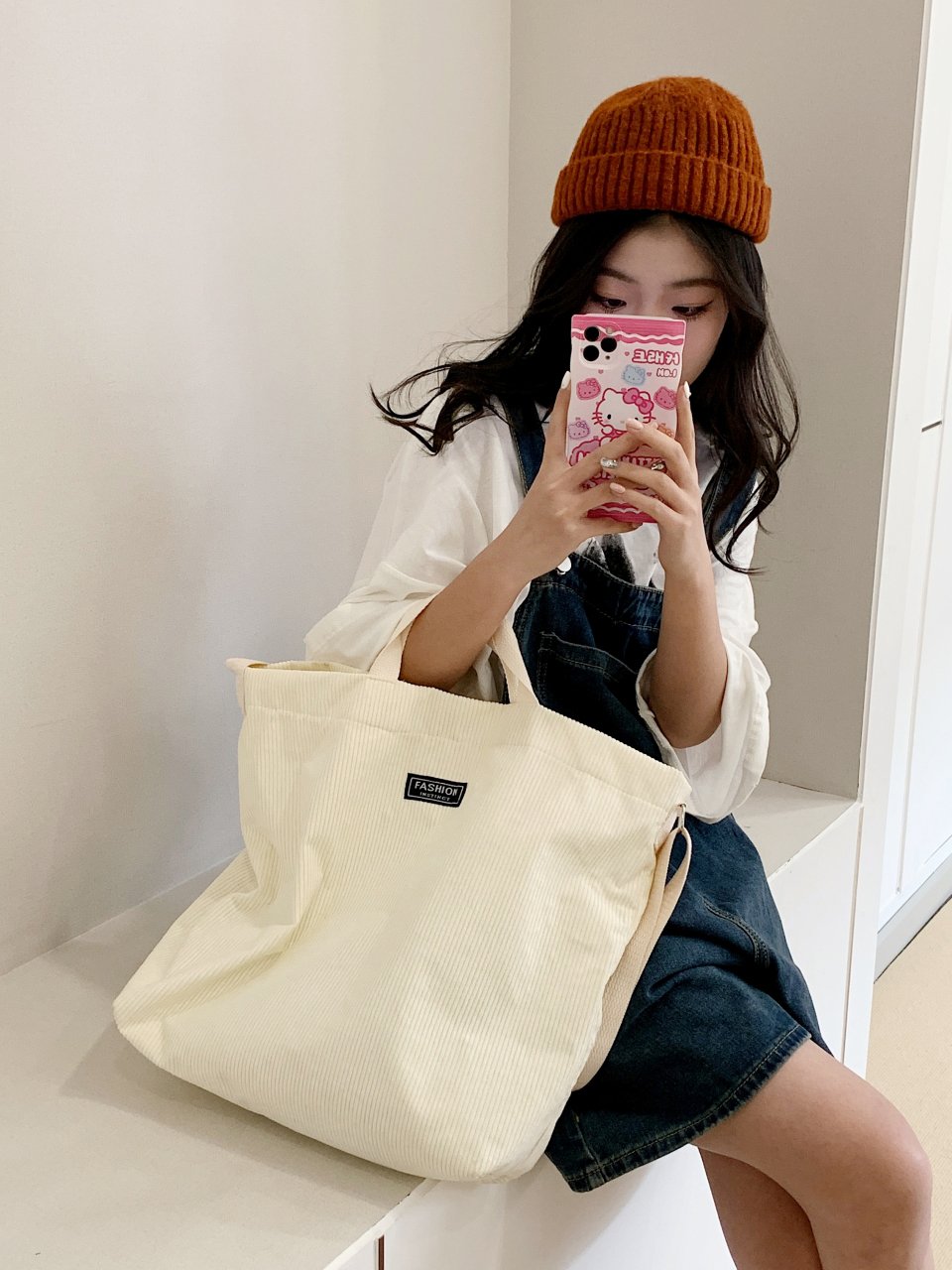 Beige Corduroy Crossbody Bag