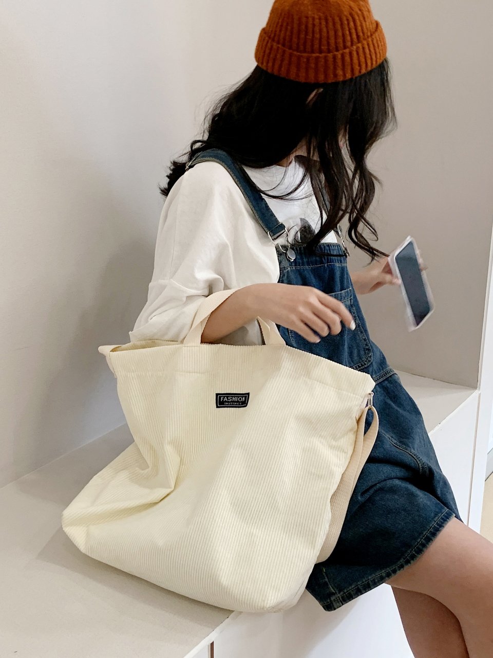 Beige Corduroy Crossbody Bag