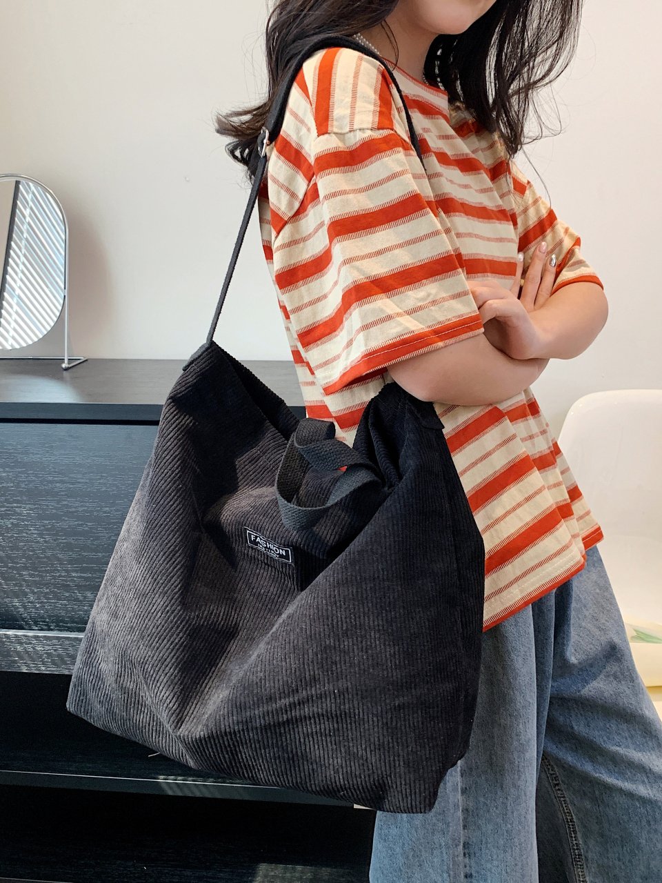 Black Corduroy Crossbody Bag