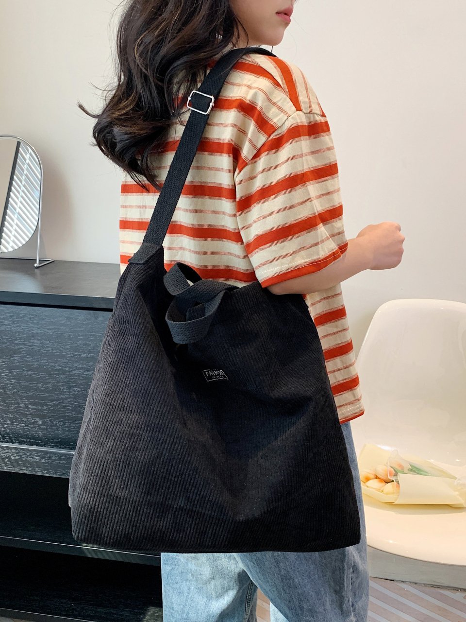 Black Corduroy Crossbody Bag