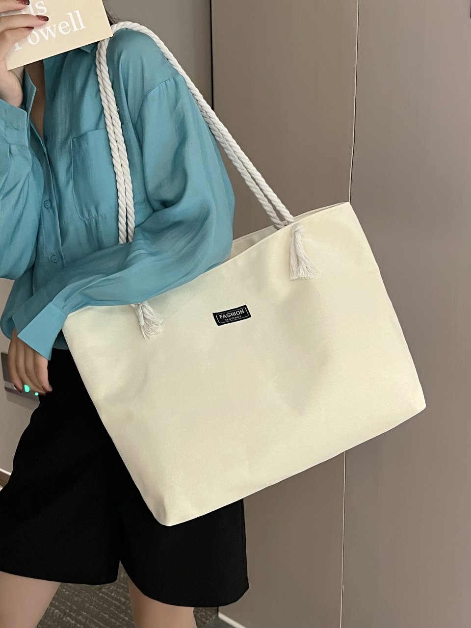 Beige Solid Tote Bag with Rope Handles