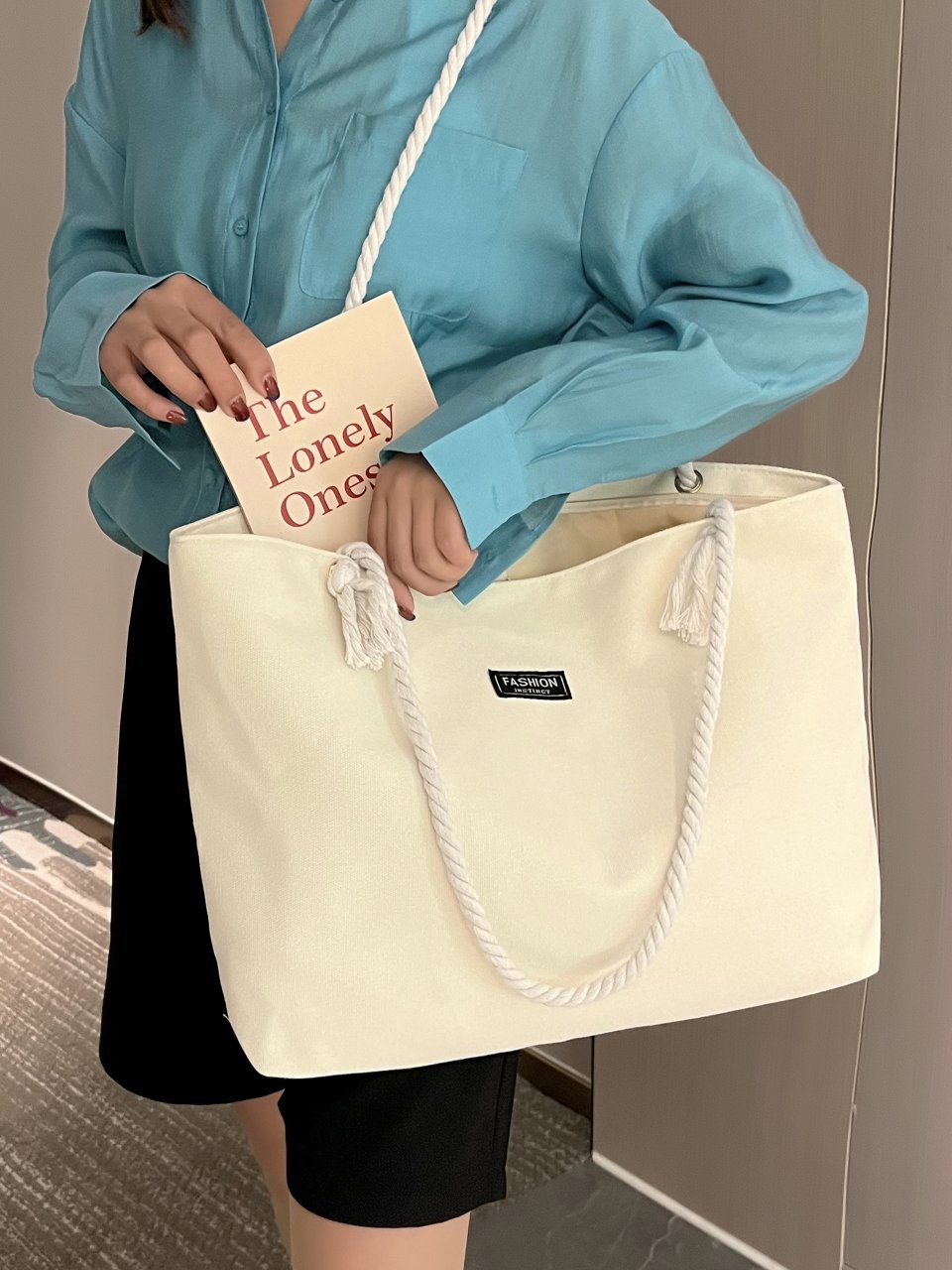 Beige Solid Tote Bag with Rope Handles