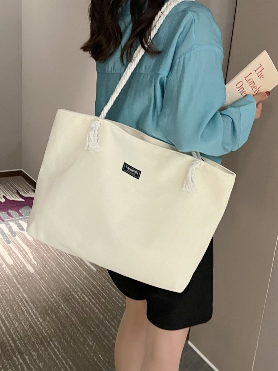 Beige Solid Tote Bag with Rope Handles