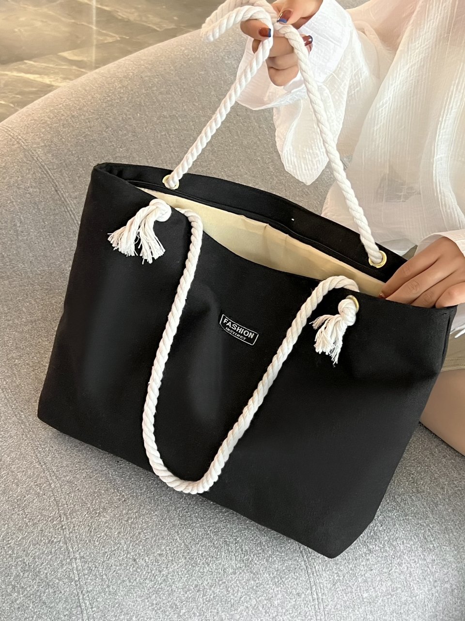 Black Solid Tote Bag with Rope Handles