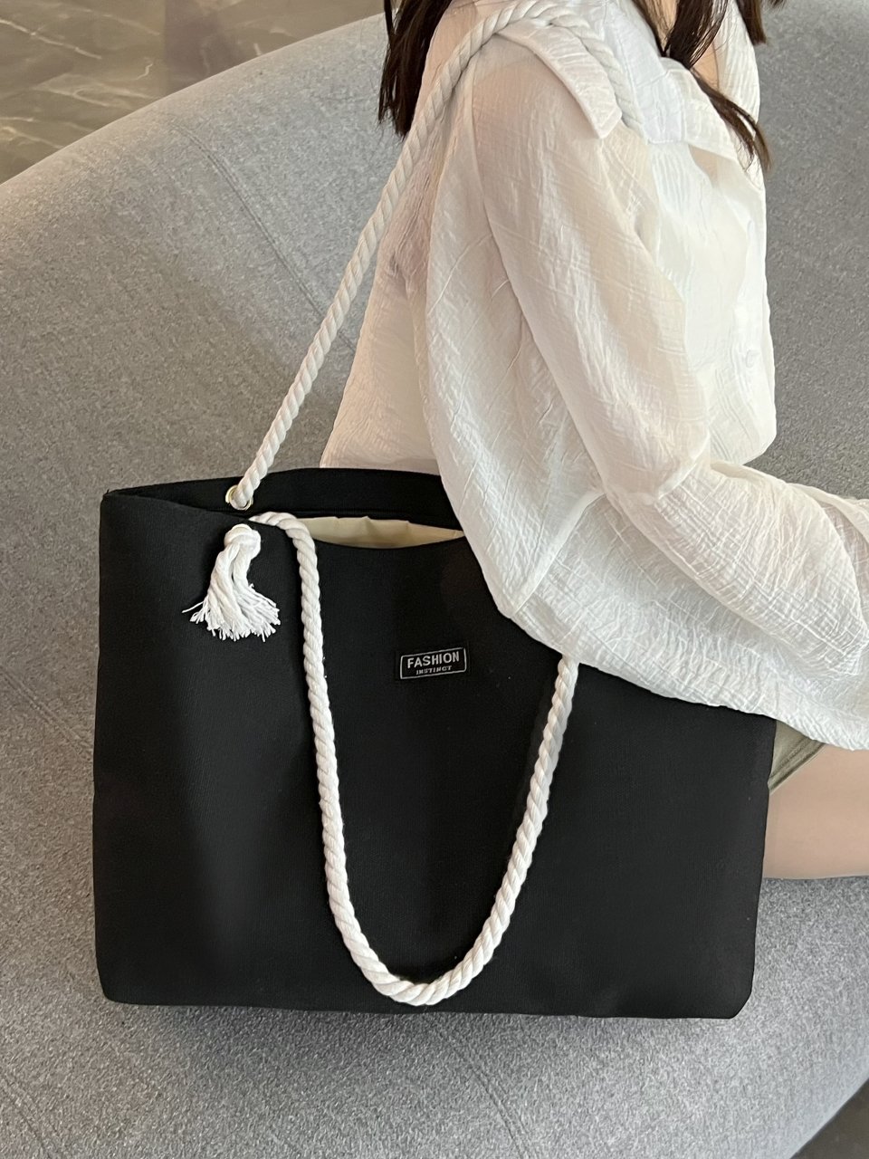 Black Solid Tote Bag with Rope Handles