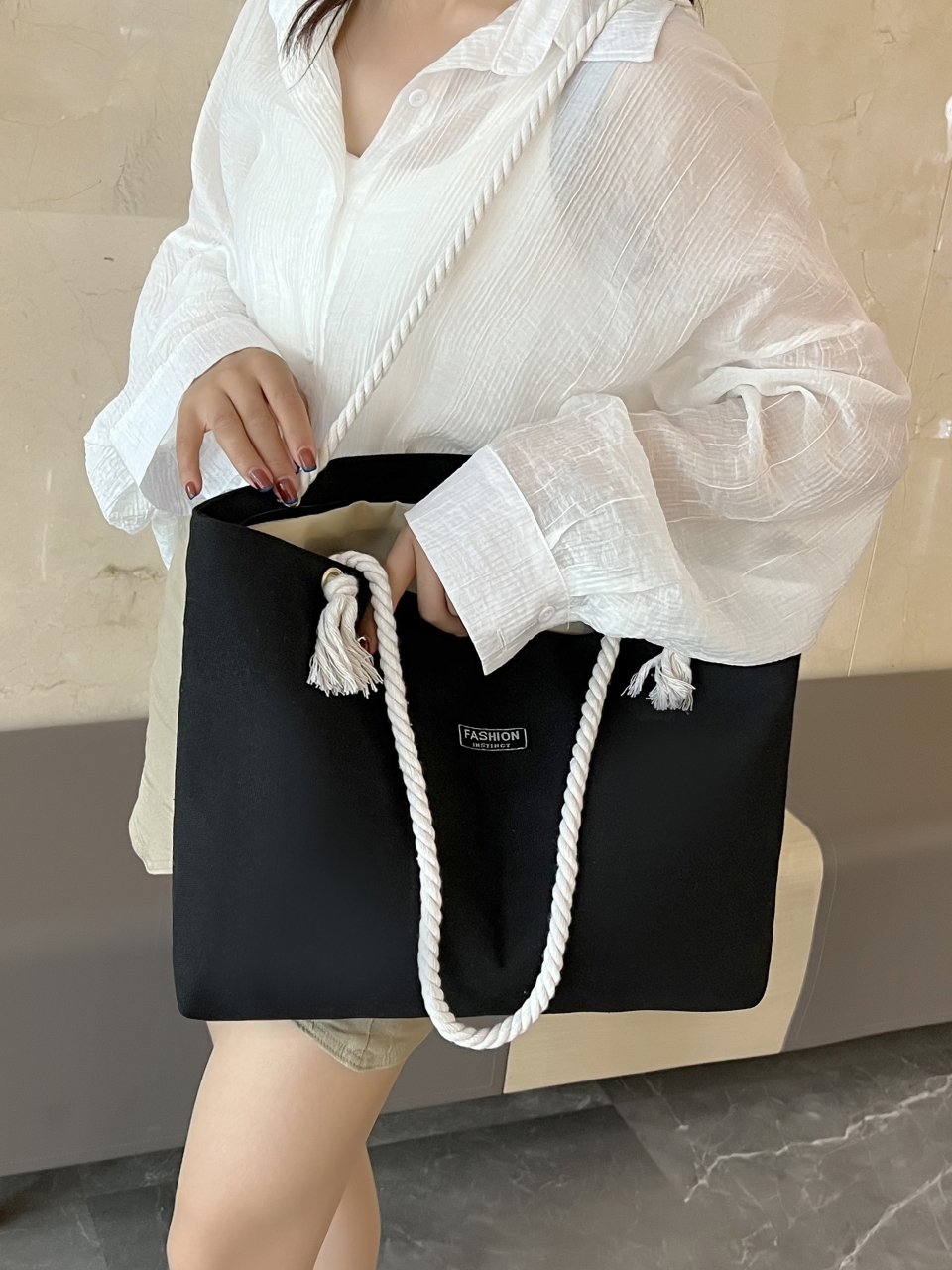 Black Solid Tote Bag with Rope Handles