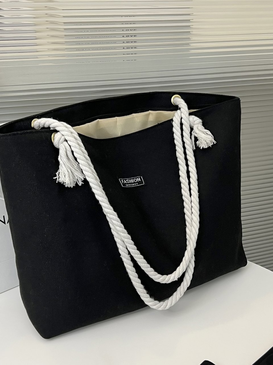 Black Solid Tote Bag with Rope Handles