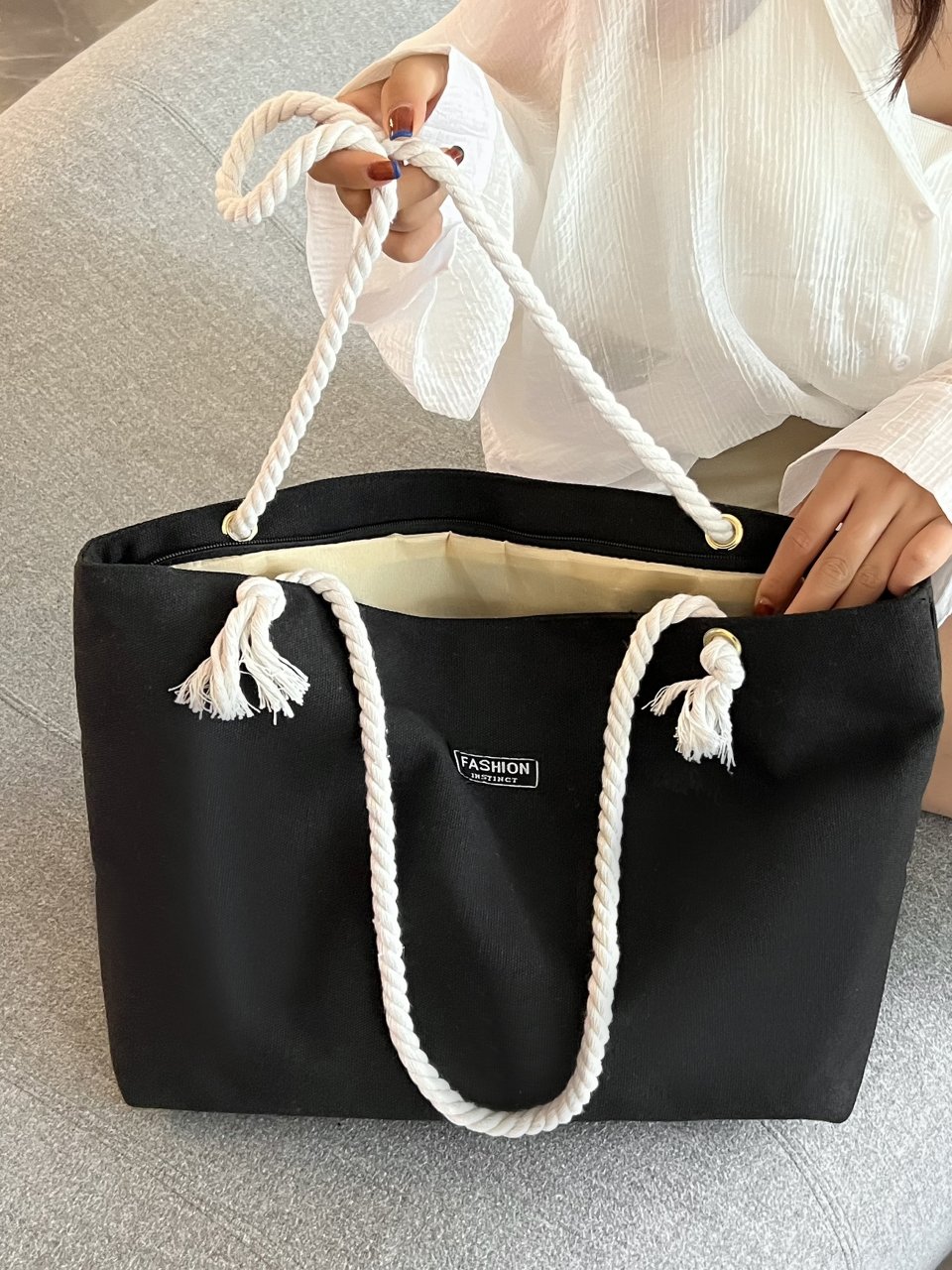 Black Solid Tote Bag with Rope Handles