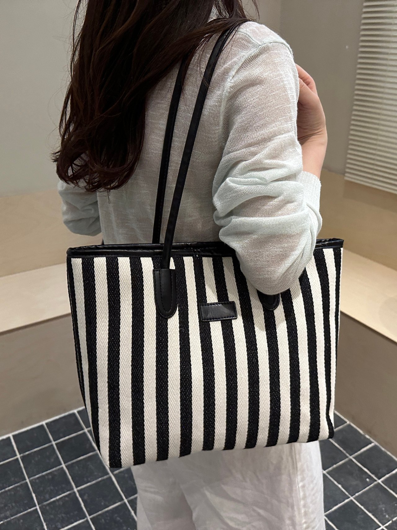 Black Striped Tote Bag with Handles