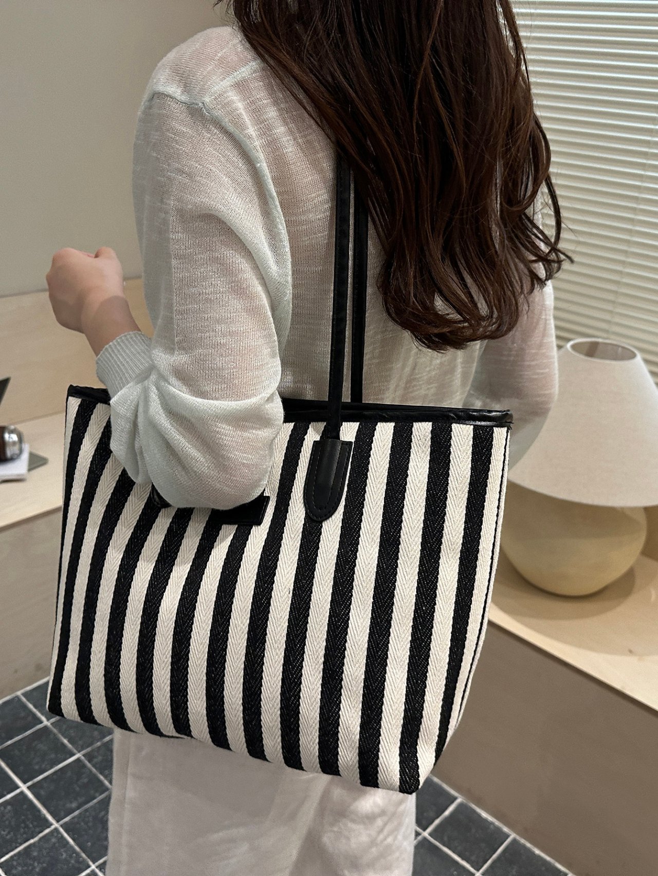Black Striped Tote Bag with Handles