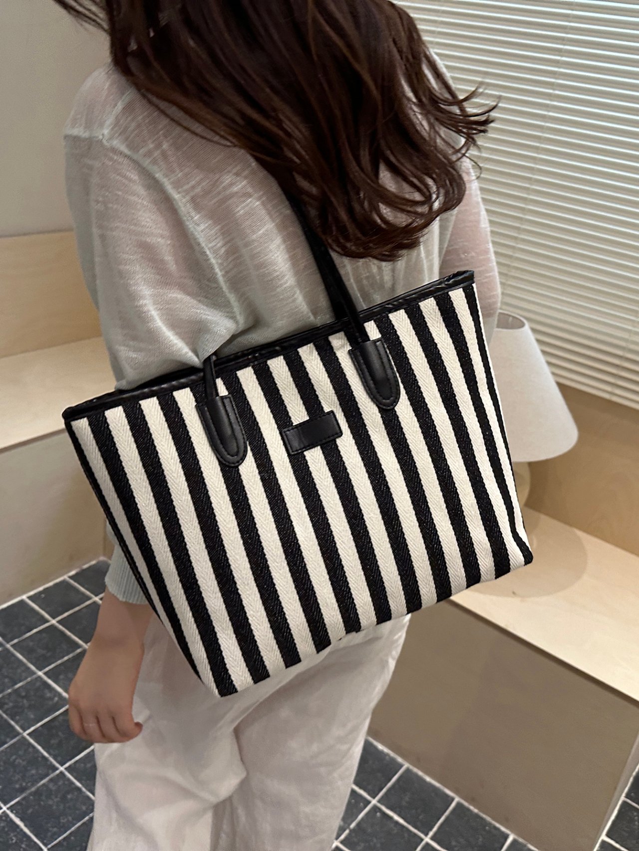 Black Striped Tote Bag with Handles