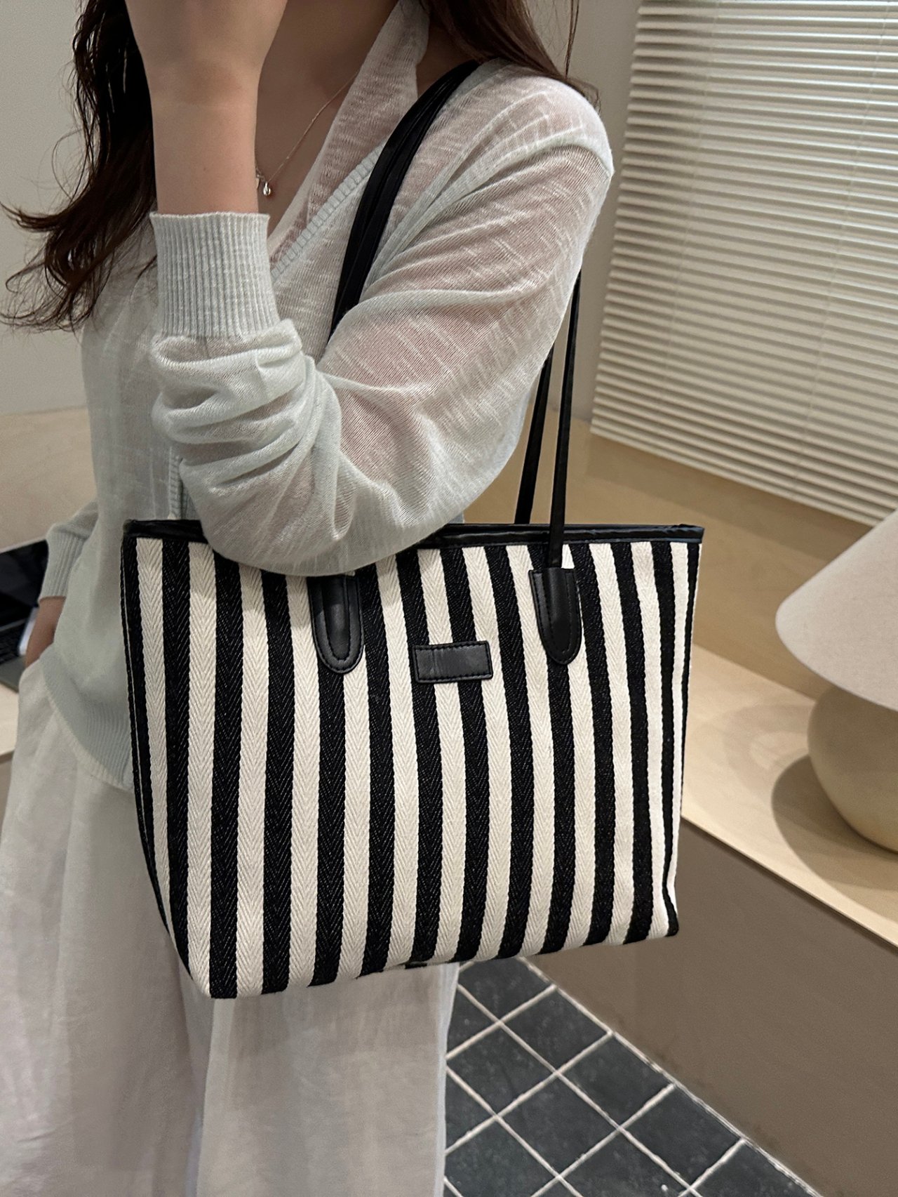 Black Striped Tote Bag with Handles