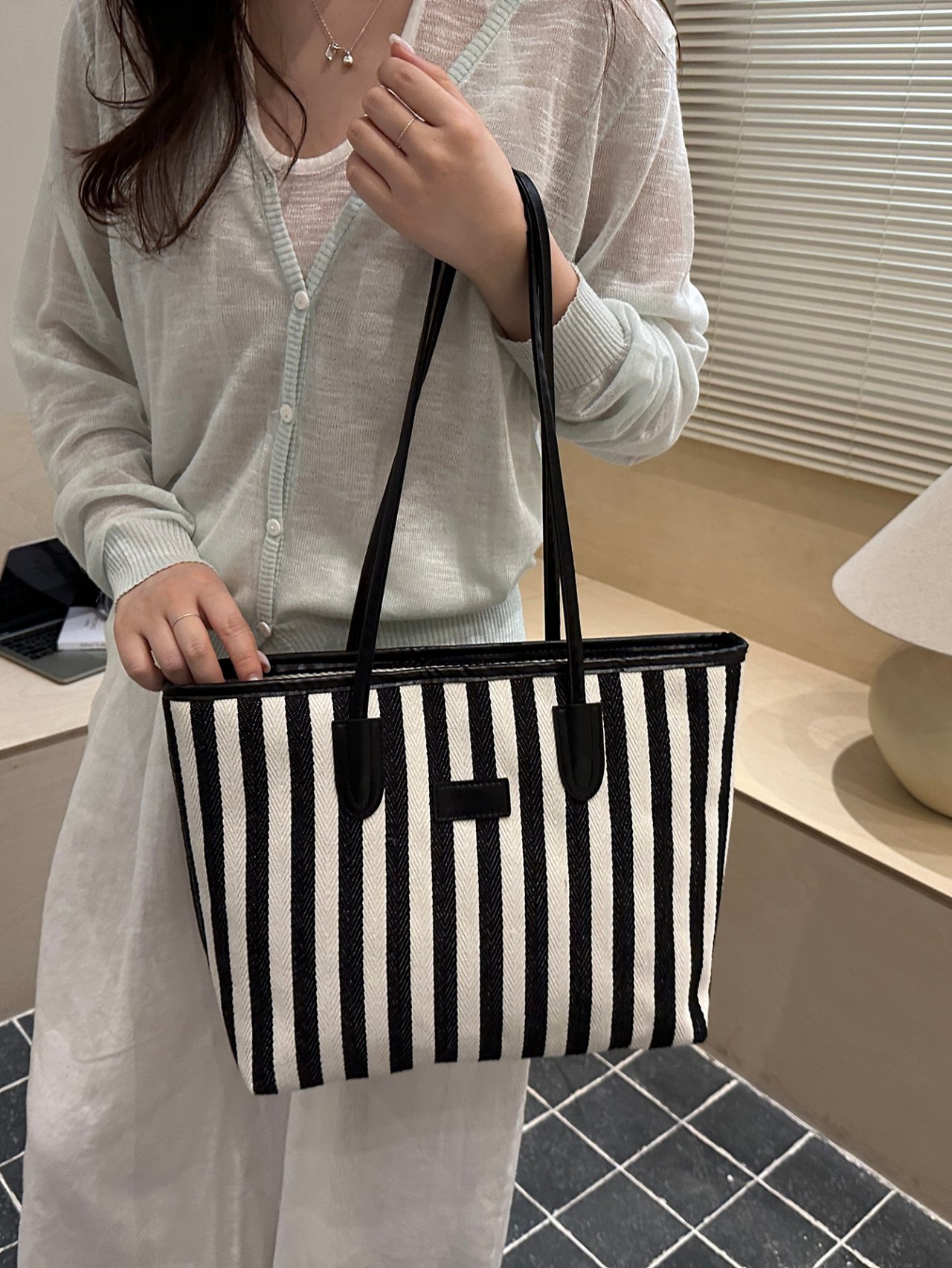 Black Striped Tote Bag with Handles