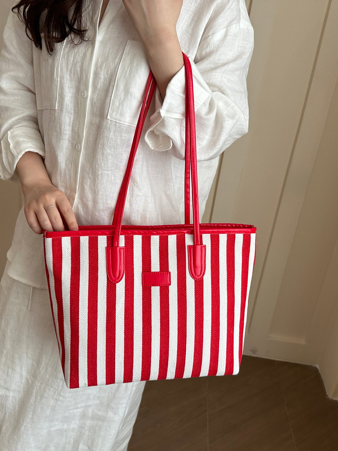 Red Striped Tote Bag with Handles