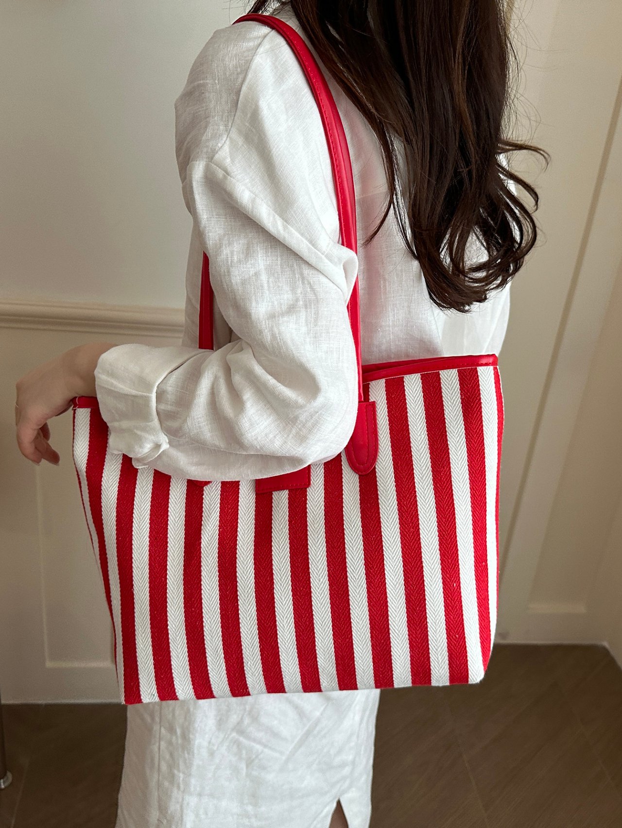 Red Striped Tote Bag with Handles