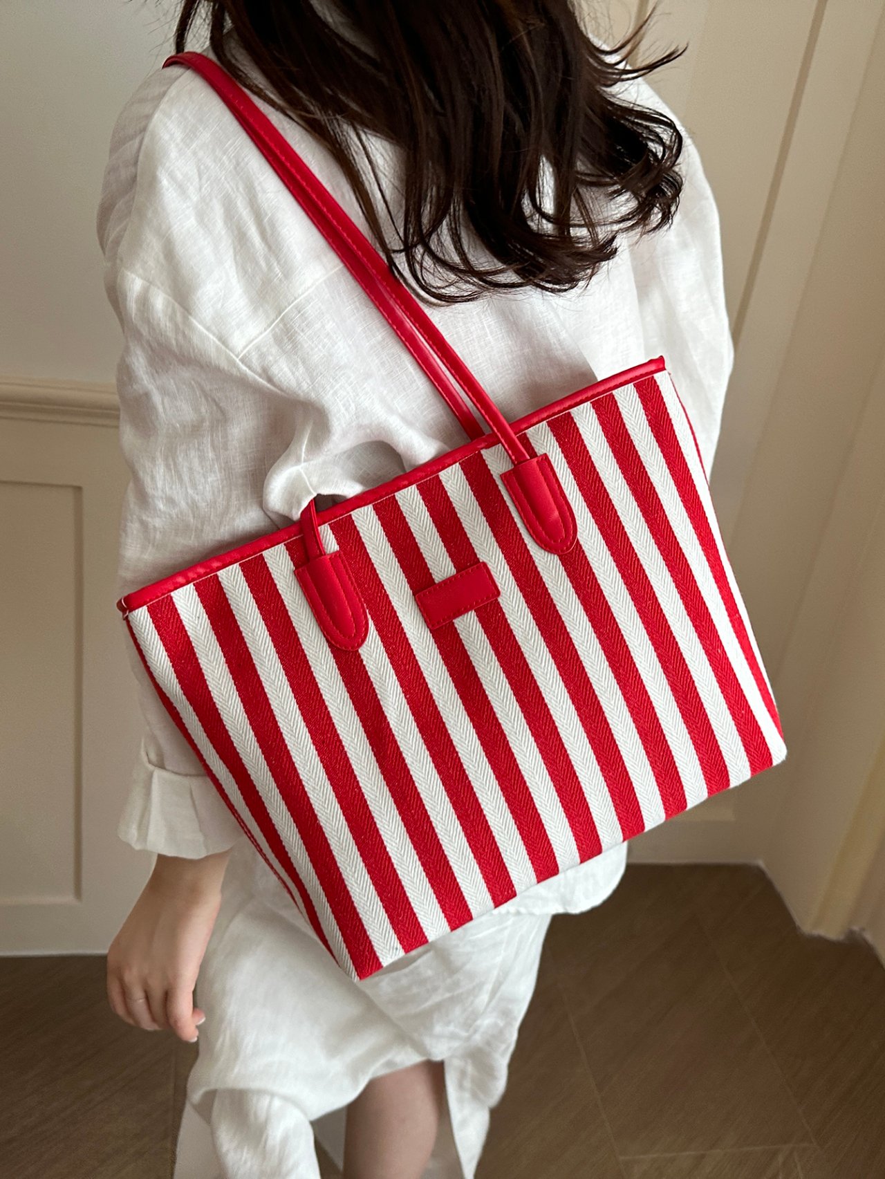Red Striped Tote Bag with Handles