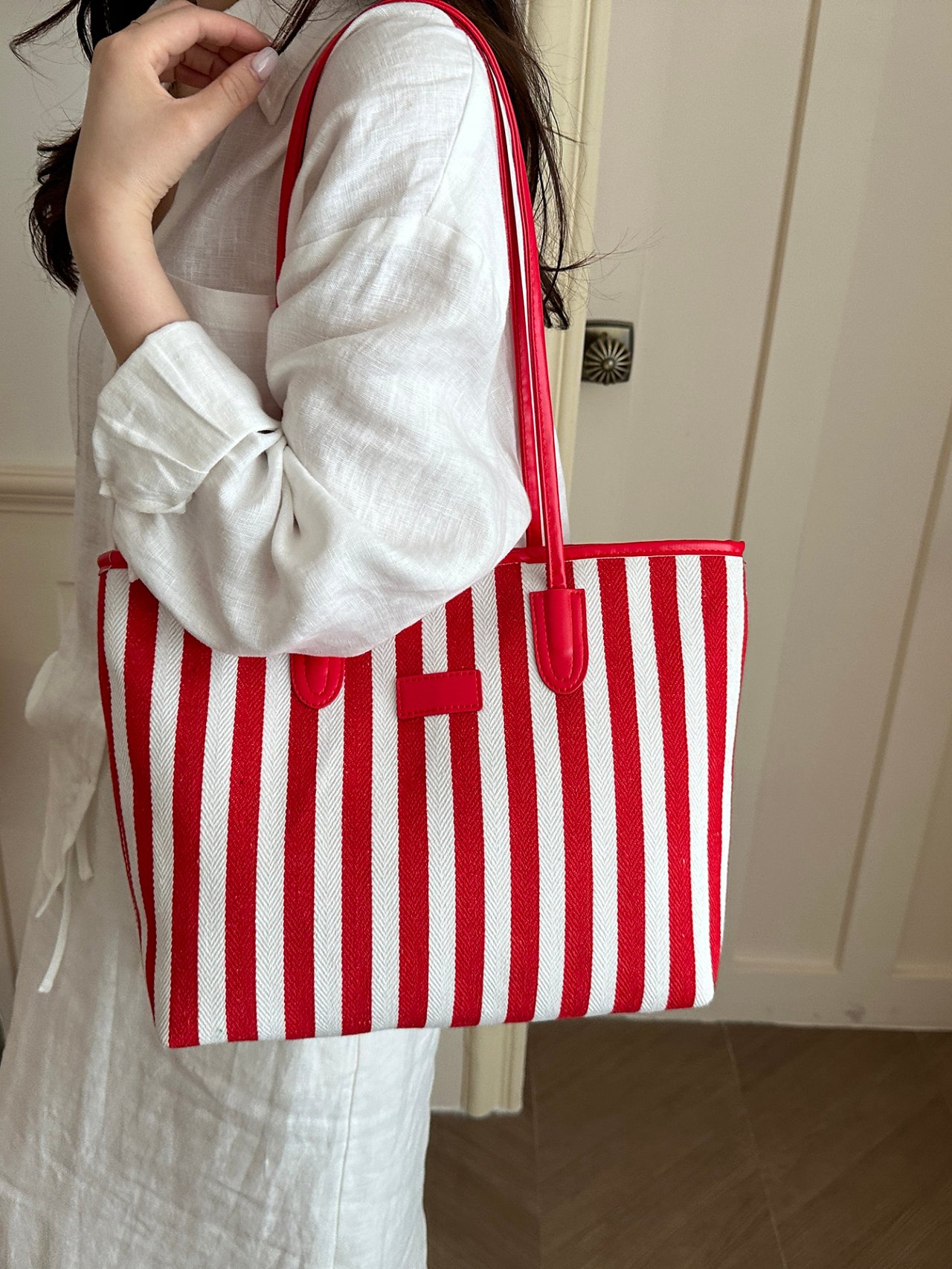 Red Striped Tote Bag with Handles